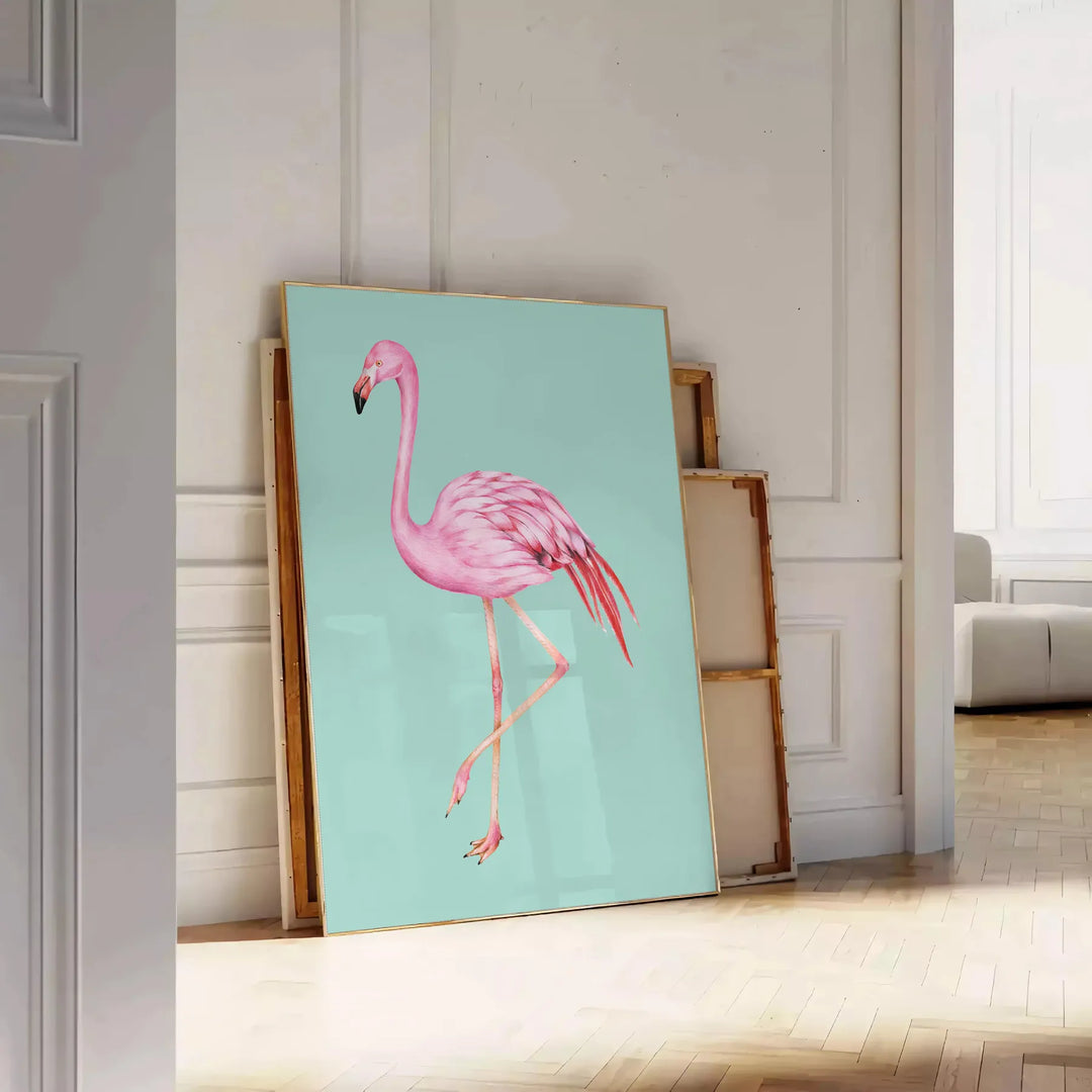 A pink flamingo standing gracefully against a black and orange background - leaning on a herringbone floor against a white panelled wall