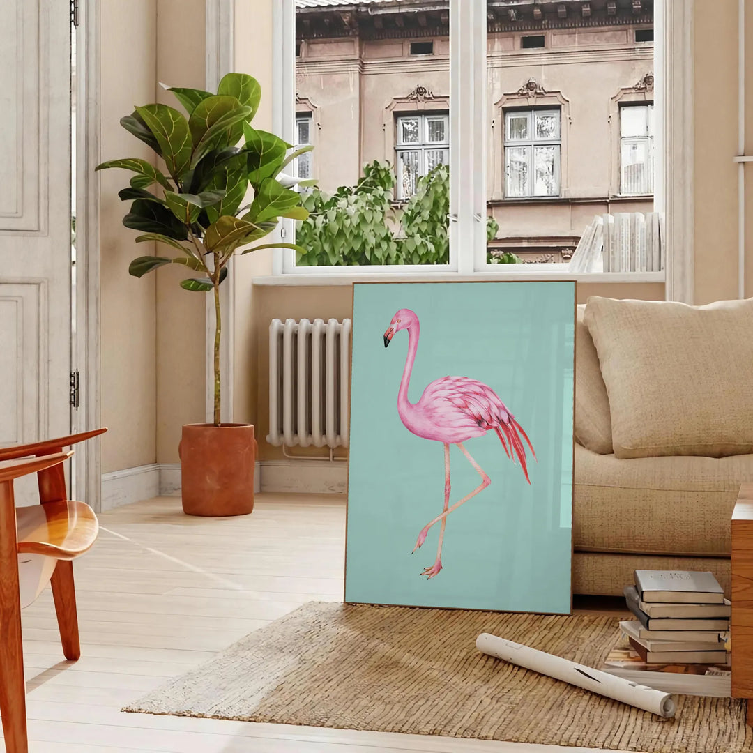 A pink flamingo standing gracefully against a black and orange background - in a Parisian living room with a sofa and a fig plant