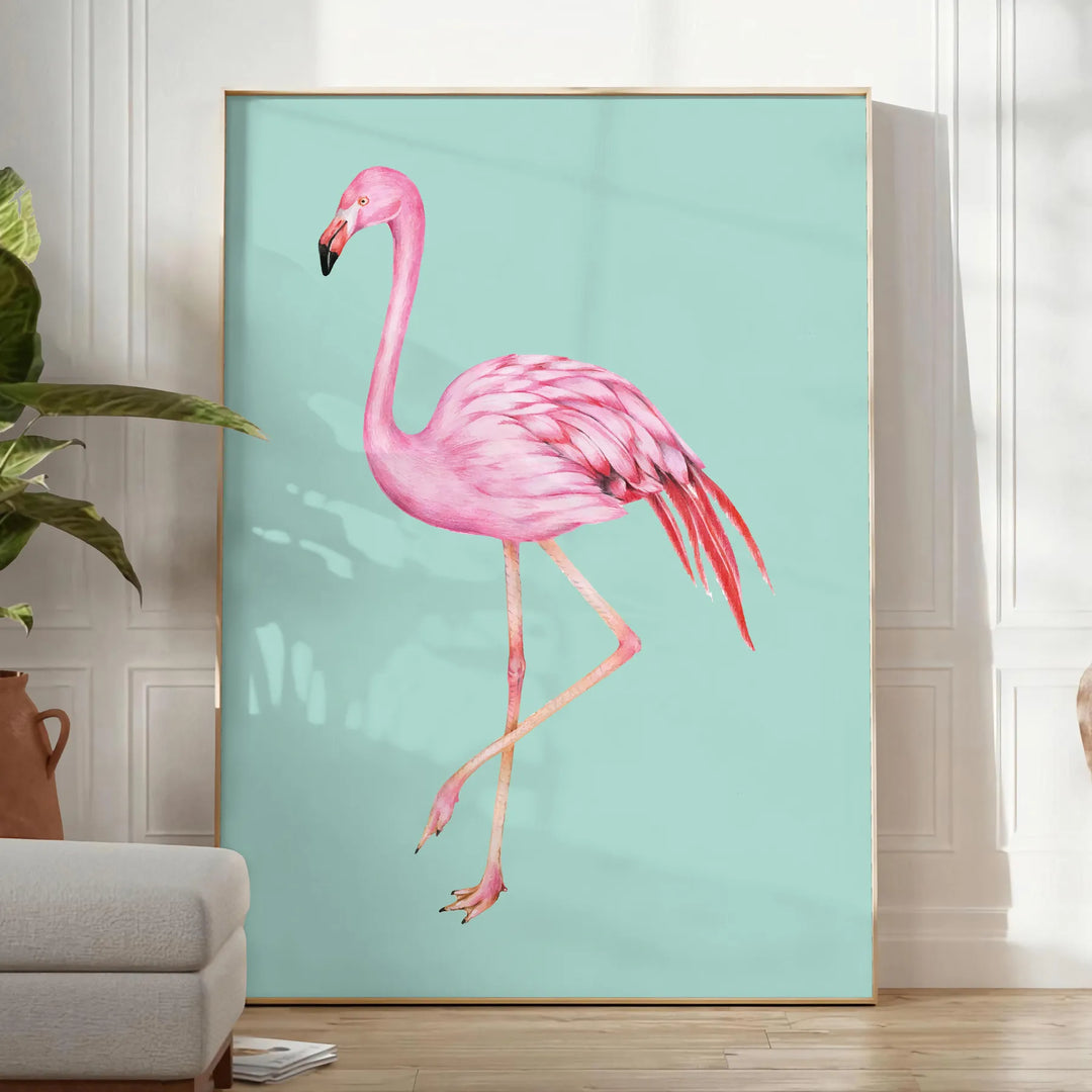 A pink flamingo standing gracefully against a black and orange background - in a bright minimalist room with a plant and an armchair