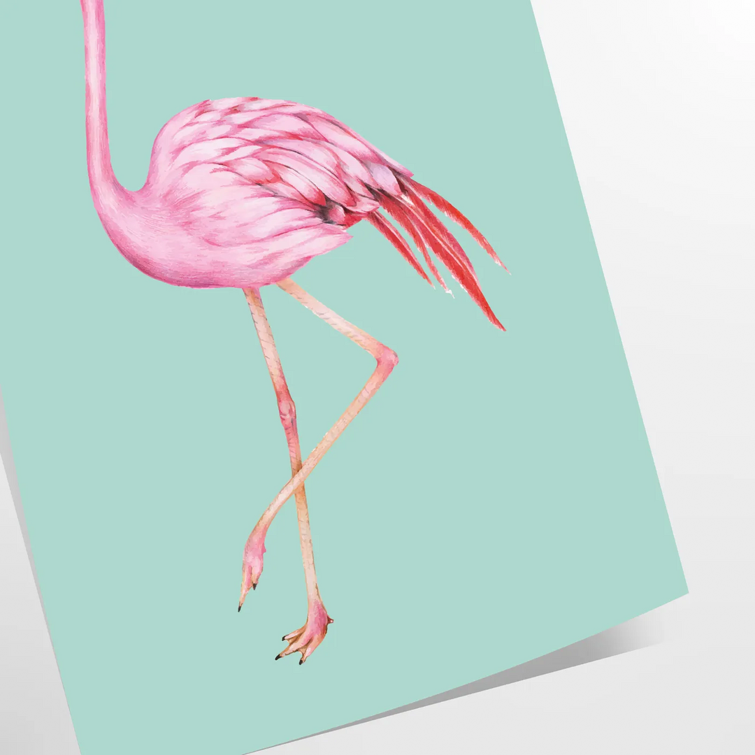 A pink flamingo standing gracefully against a black and orange background - as a rolled, unframed print