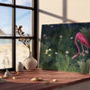 A flamingo illustration against a lush green background - leaning on a herringbone floor against a white panelled wall