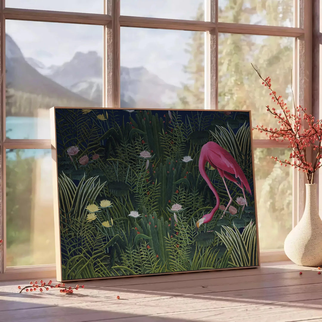 A flamingo illustration against a lush green background - beside a round wooden side table with books