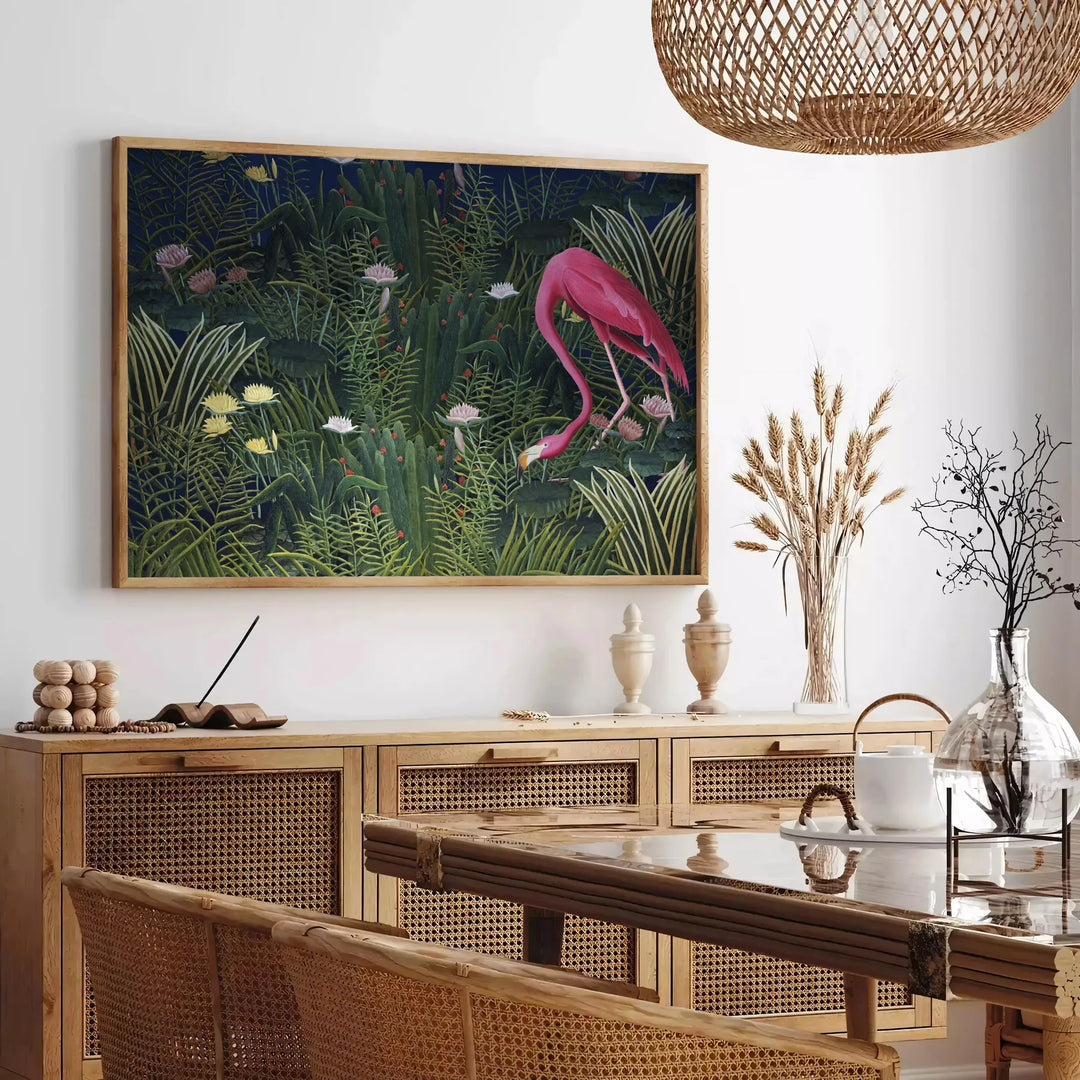 A flamingo illustration against a lush green background - in a Parisian living room with a sofa and a fig plant