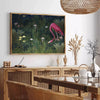 A flamingo illustration against a lush green background - in a Parisian living room with a sofa and a fig plant