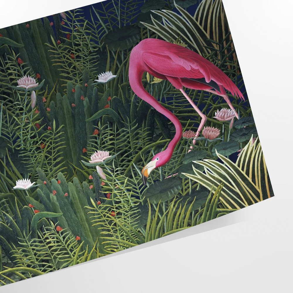 A flamingo illustration against a lush green background