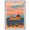 Illustrazione di Firenze, Italia, con architettura storica in tonalità verdi e blu - in una cornice in noce