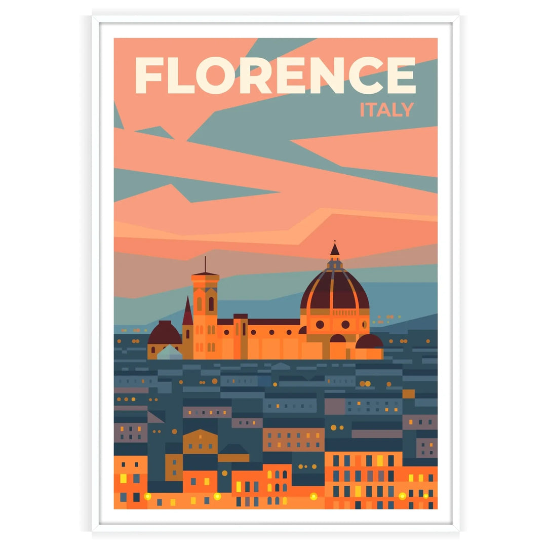 Illustrazione di Firenze, Italia, con architettura storica in tonalità verdi e blu - in una cornice bianca