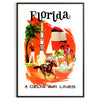 Vintage travel poster featuring Florida's iconic palm trees and sun, with warm earth tones - in a black frame