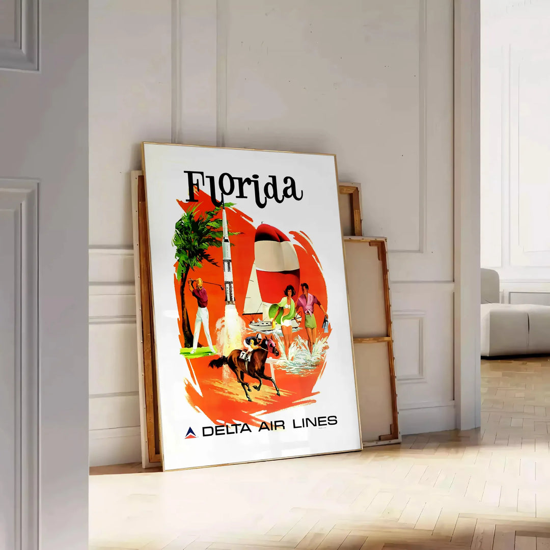 Vintage travel poster featuring Florida's iconic palm trees and sun, with warm earth tones - leaning on a herringbone floor against a white panelled wall