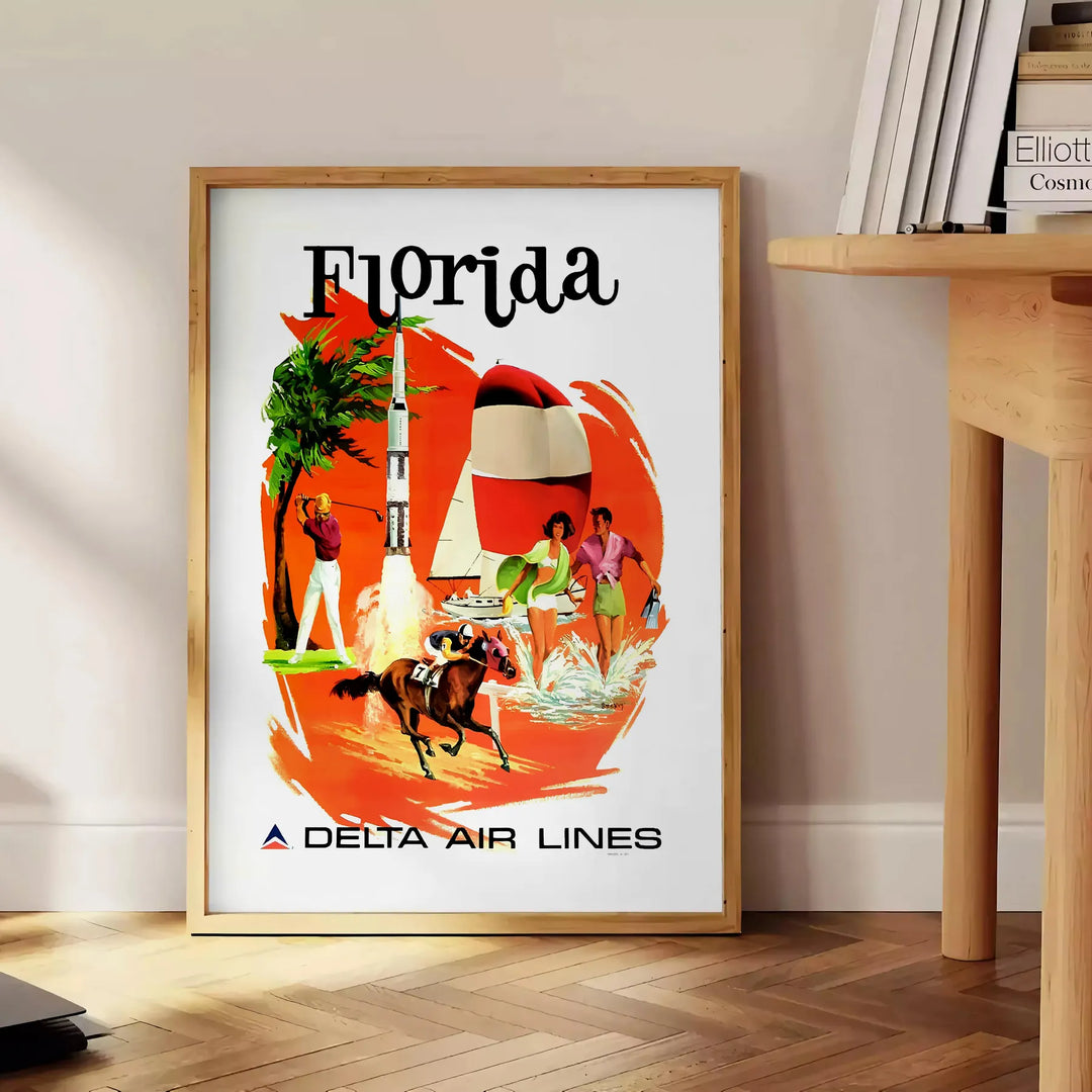 Vintage travel poster featuring Florida's iconic palm trees and sun, with warm earth tones - beside a round wooden side table with books