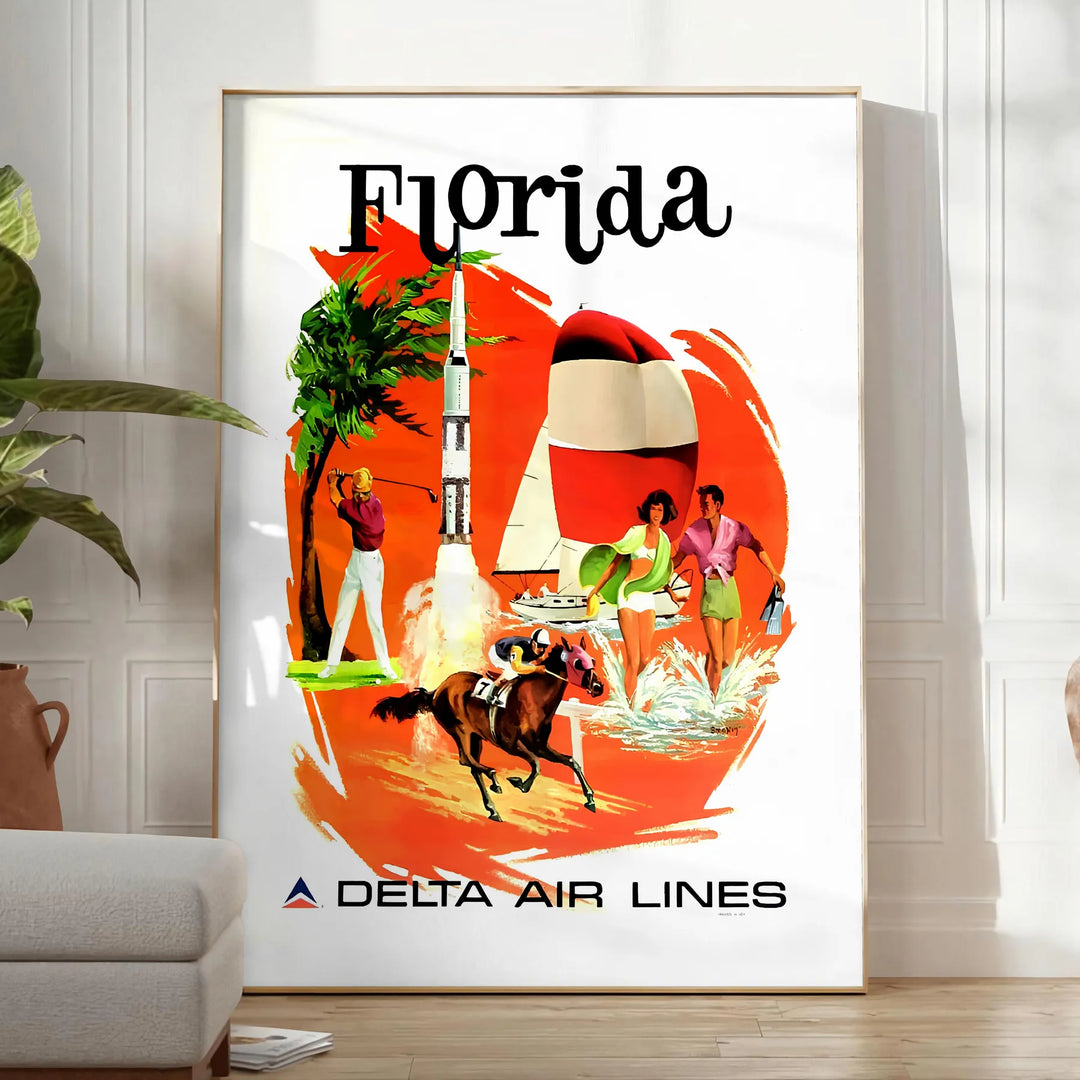 Vintage travel poster featuring Florida's iconic palm trees and sun, with warm earth tones - in a bright minimalist room with a plant and an armchair