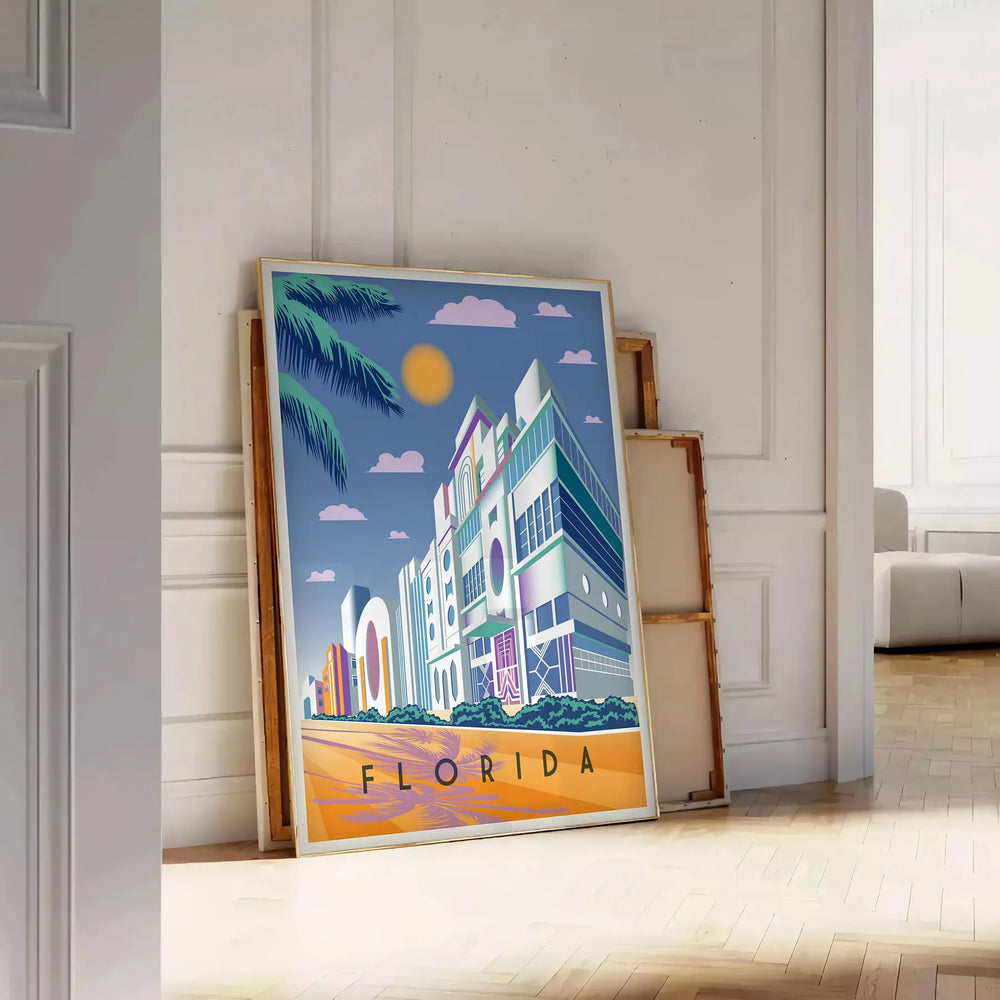 Vintage travel poster of Florida featuring warm orange and brown tones