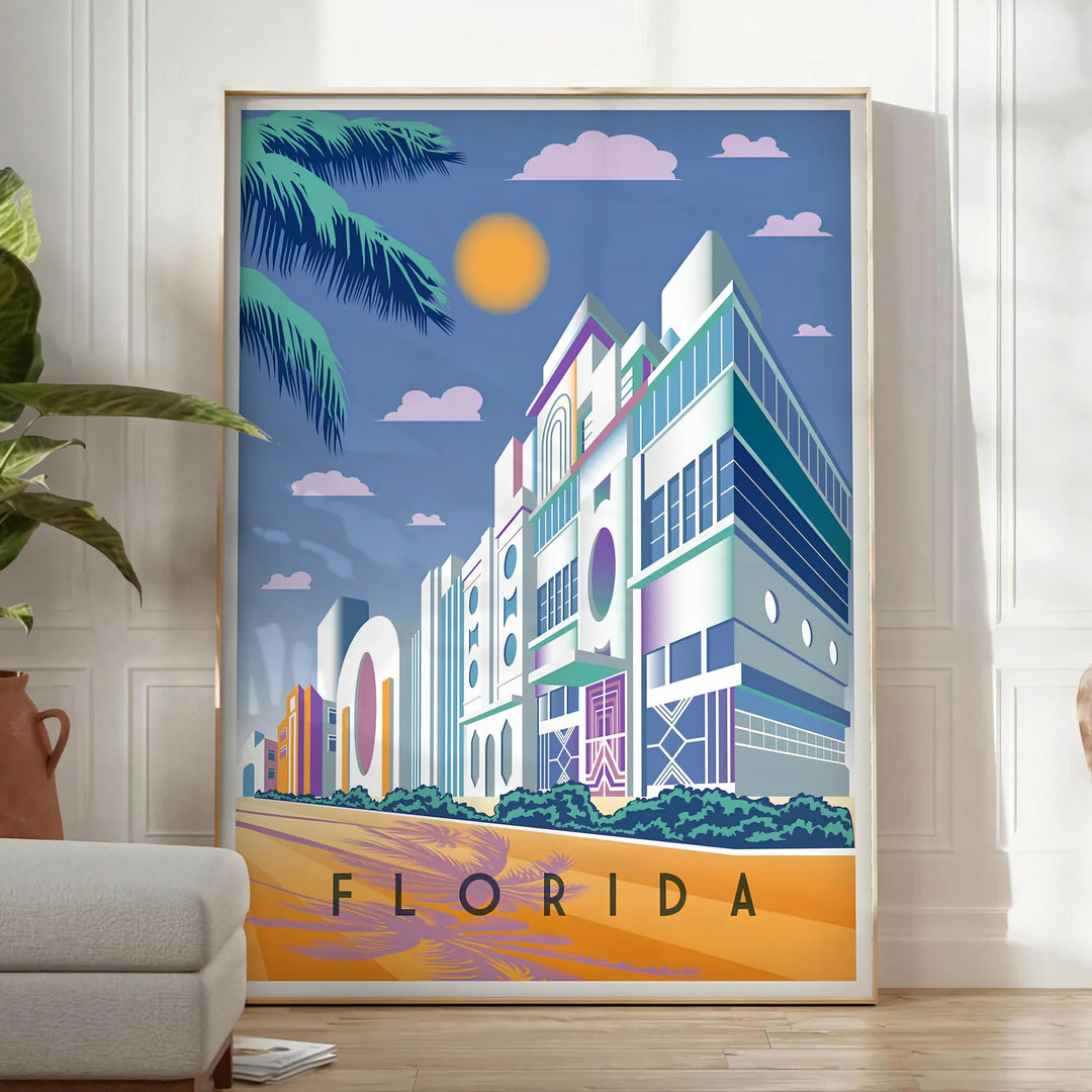 Vintage travel poster of Florida featuring warm orange and brown tones - in a bright minimalist room with a plant and an armchair