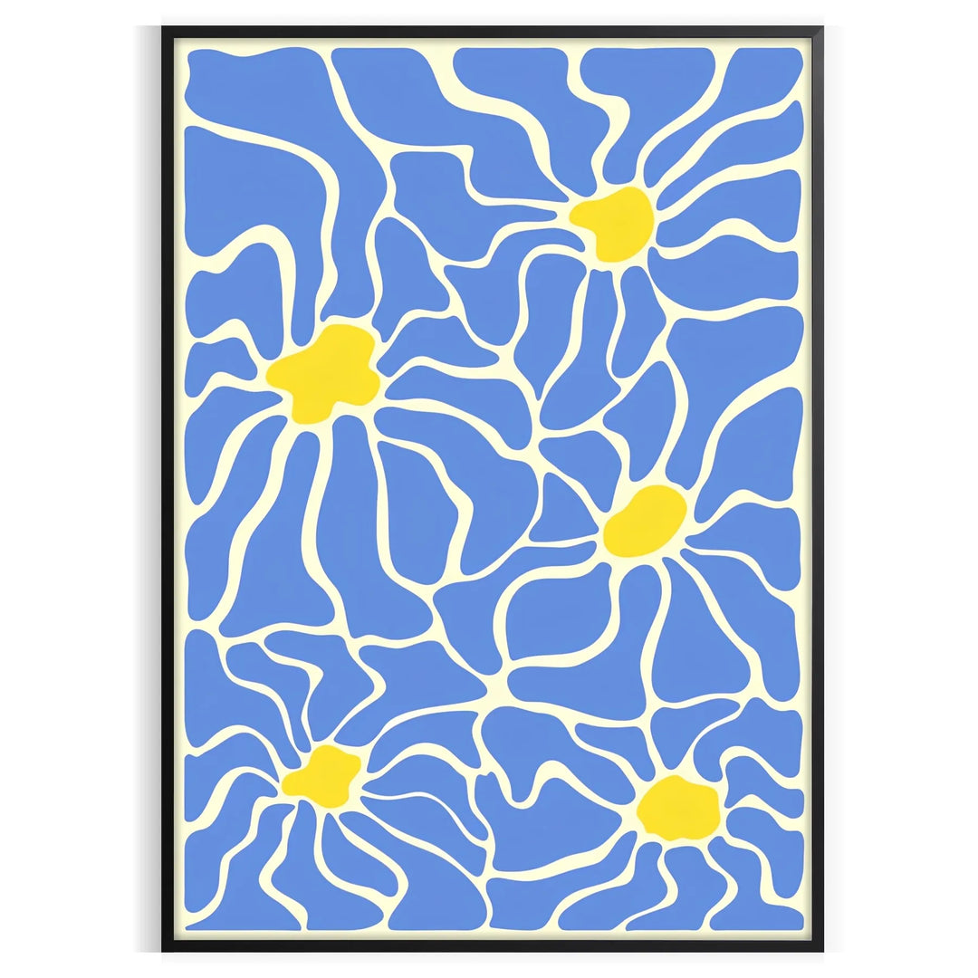 Colorful abstract flowers with a groovy design in yellow and white