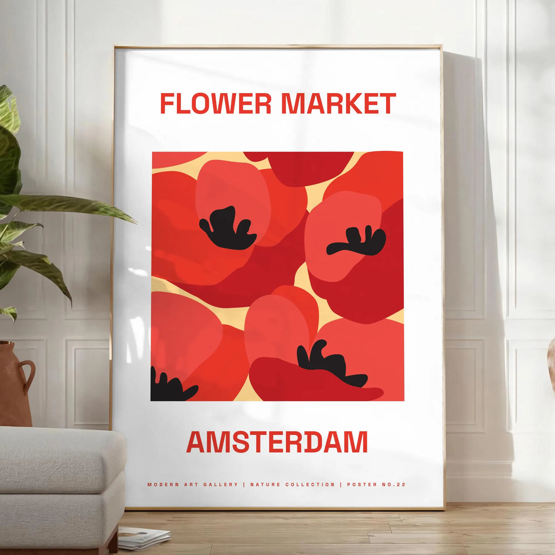A colorful flower market scene with various blooms in orange and black tones - in a bright minimalist room with a plant and an armchair