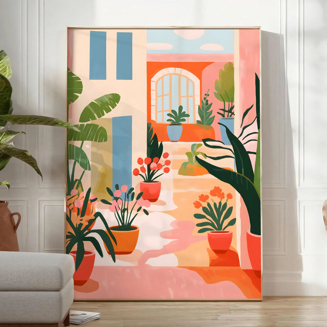 Design floral vintage com flores laranja e cinza em um fundo texturizado - num quarto luminoso e minimalista com planta e poltrona