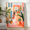 Design floral vintage com flores laranja e cinza em um fundo texturizado - num quarto luminoso e minimalista com planta e poltrona