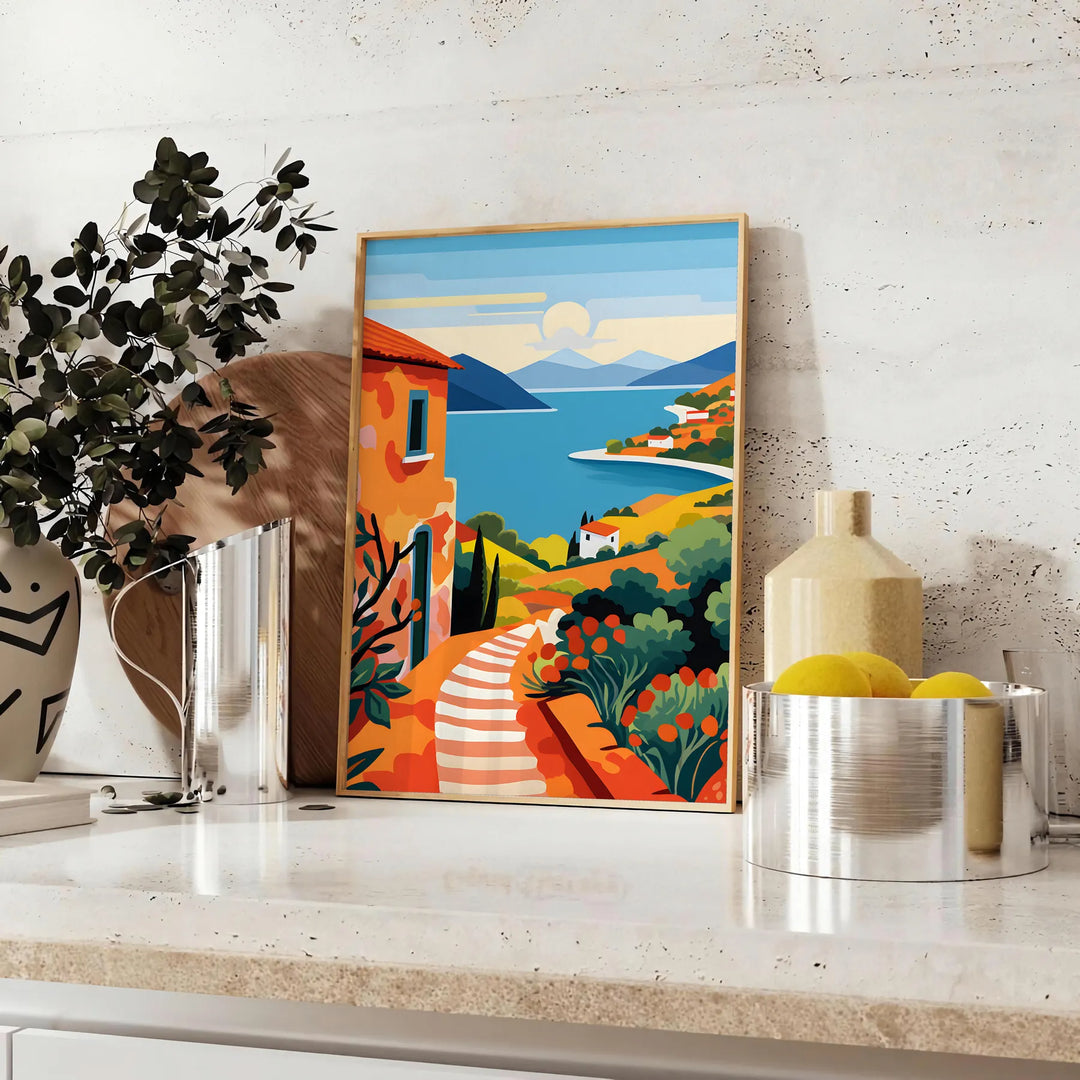 Colorful floral patterns featuring orange and blue flowers against a light background - styled on a counter with eucalyptus and a bowl of lemons