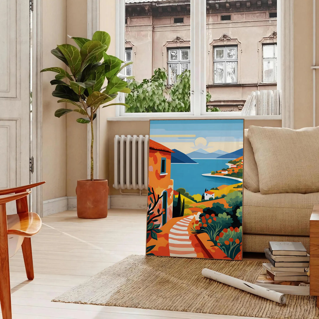 Colorful floral patterns featuring orange and blue flowers against a light background - in a Parisian living room with a sofa and a fig plant