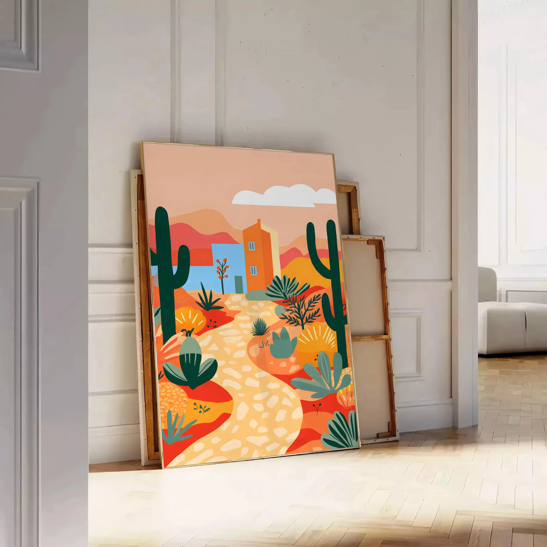 Colorful flower print with green and orange tones in a trendy style - leaning on a herringbone floor against a white panelled wall