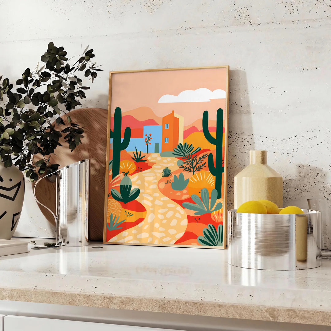 Colorful flower print with green and orange tones in a trendy style - styled on a counter with eucalyptus and a bowl of lemons