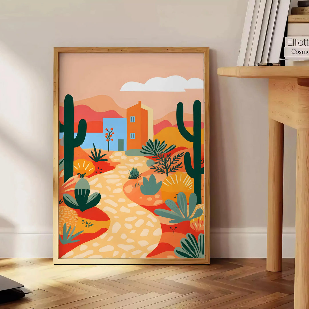 Colorful flower print with green and orange tones in a trendy style - beside a round wooden side table with books