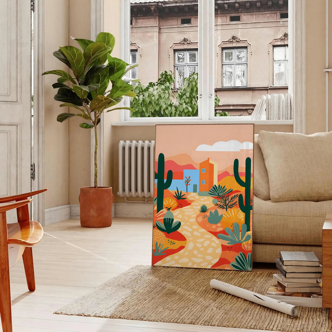 Colorful flower print with green and orange tones in a trendy style - in a Parisian living room with a sofa and a fig plant