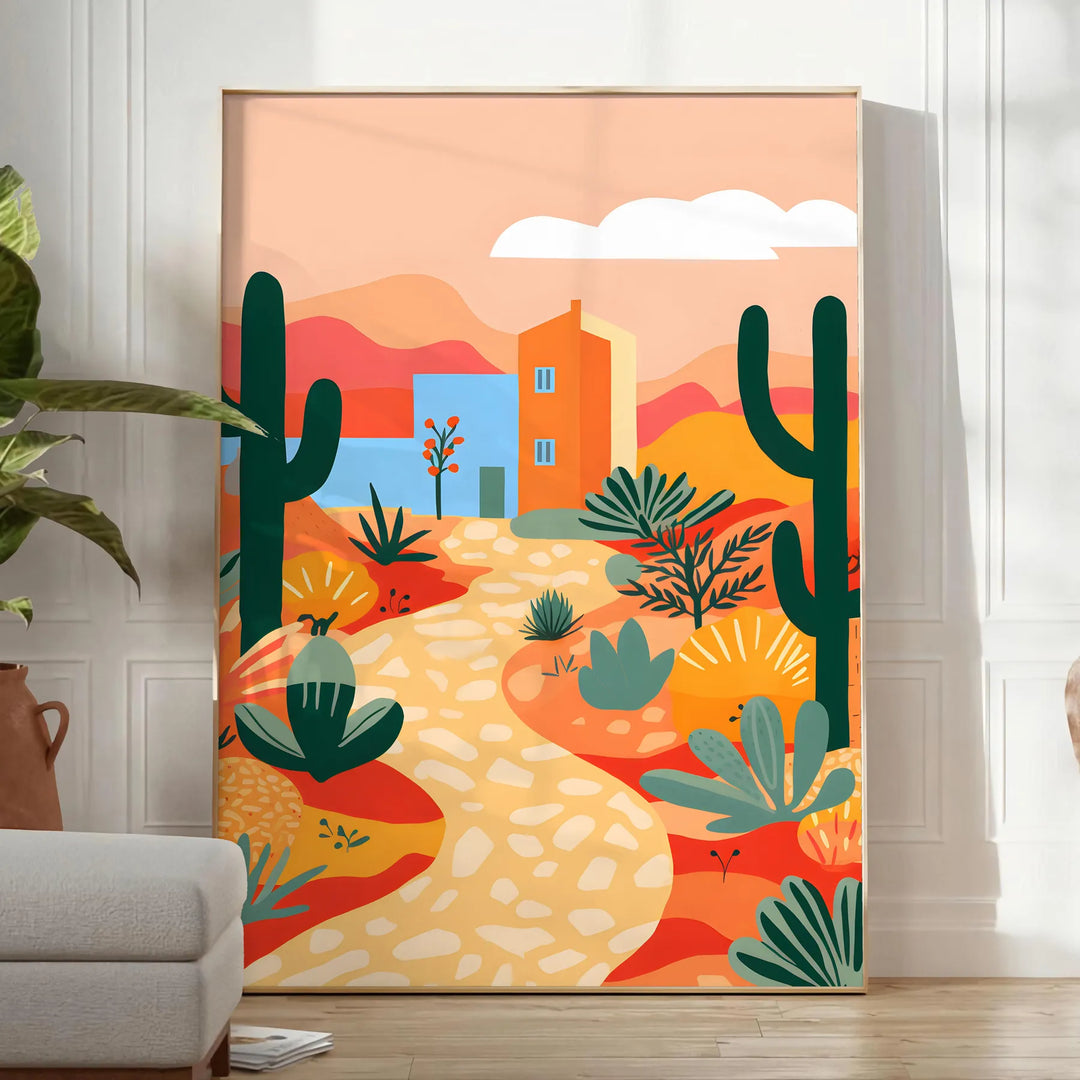 Colorful flower print with green and orange tones in a trendy style - in a bright minimalist room with a plant and an armchair