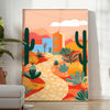 Colorful flower print with green and orange tones in a trendy style - in a bright minimalist room with a plant and an armchair