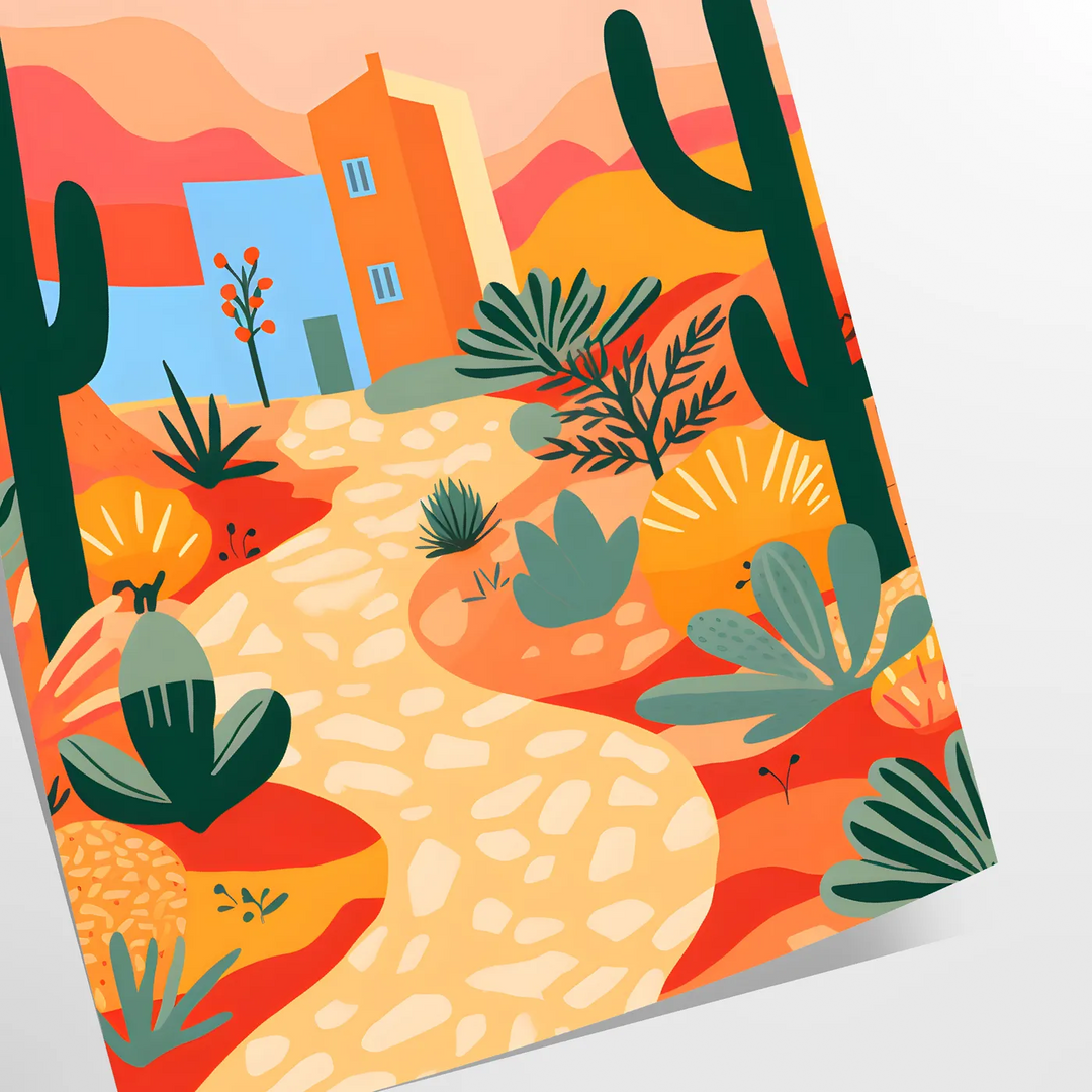 Colorful flower print with green and orange tones in a trendy style - as a rolled, unframed print