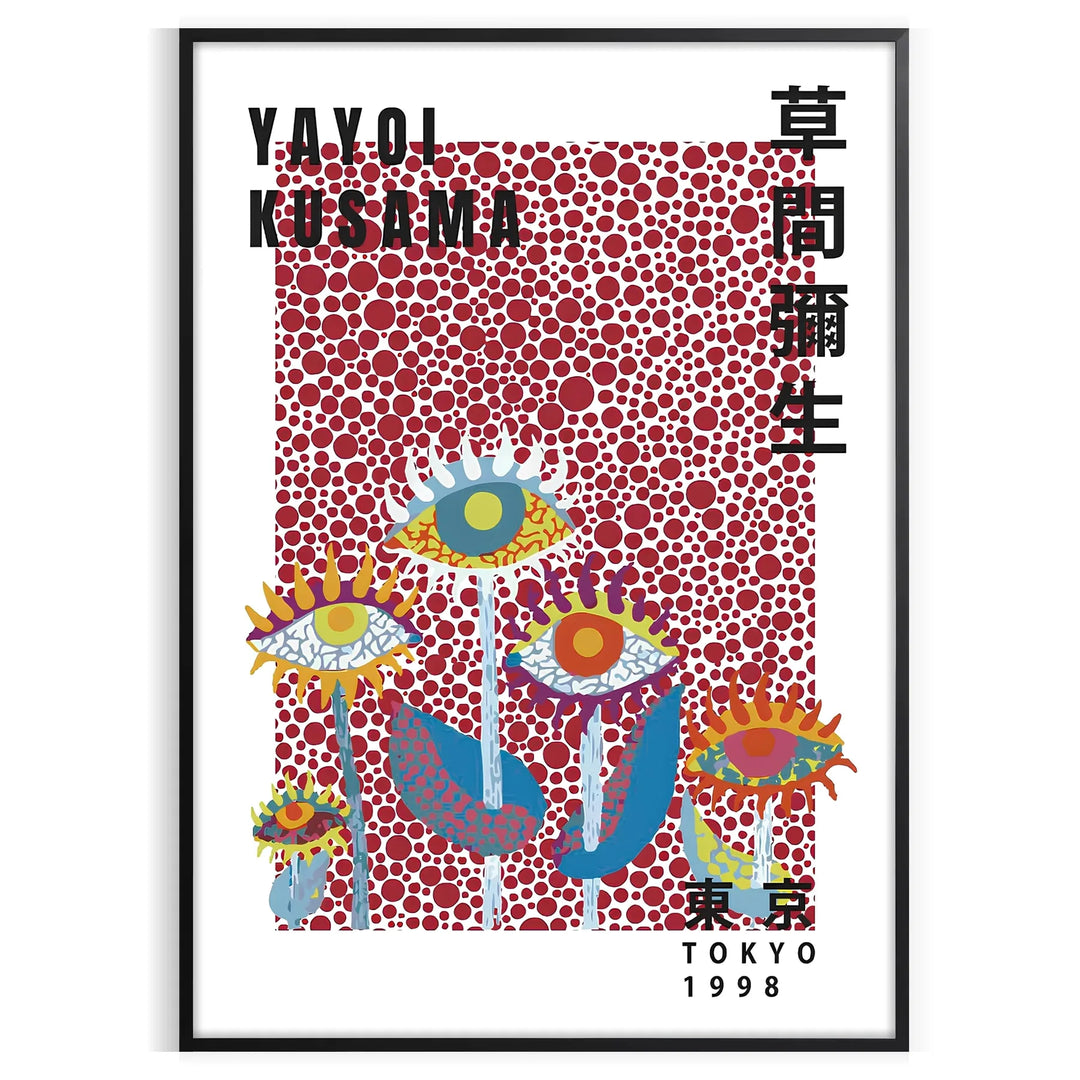 Colorful polka-dotted flowers in Yayoi Kusama's signature style