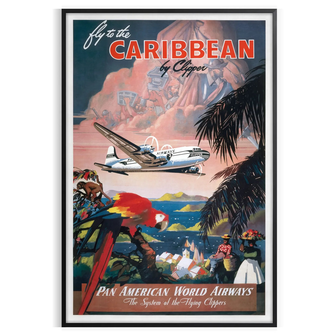 Colorful travel poster featuring a tropical Caribbean landscape with palm trees and a sunset.