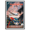 Colorful travel poster featuring a tropical Caribbean landscape with palm trees and a sunset. - in a black frame