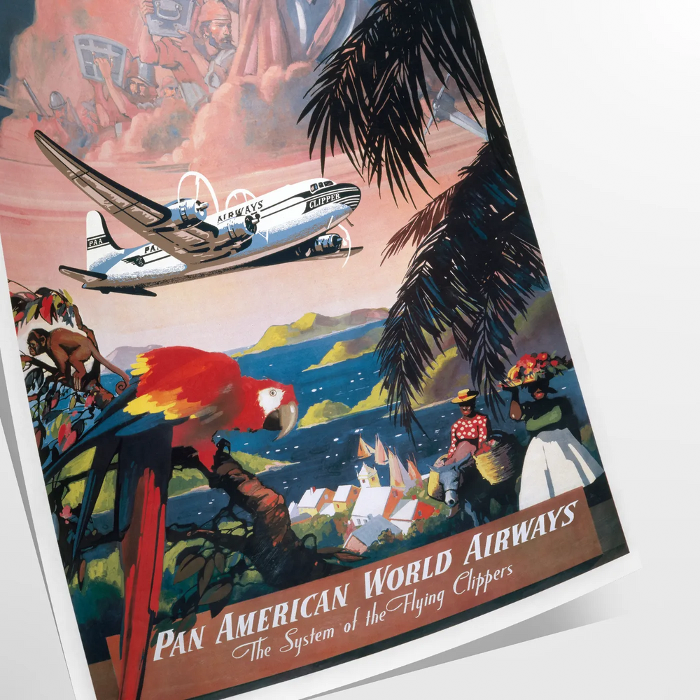 Colorful travel poster featuring a tropical Caribbean landscape with palm trees and a sunset.