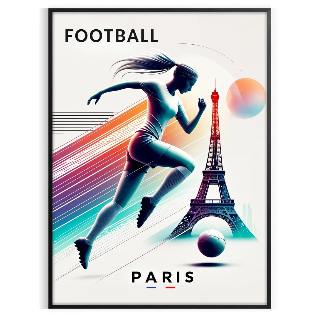 Poster showing Paris football motif with graphic silhouette, modern minimalist design