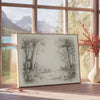 A serene forest field with rich orange and gray tones - beside a round wooden side table with books