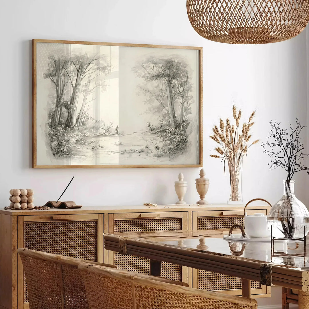A serene forest field with rich orange and gray tones - in a Parisian living room with a sofa and a fig plant