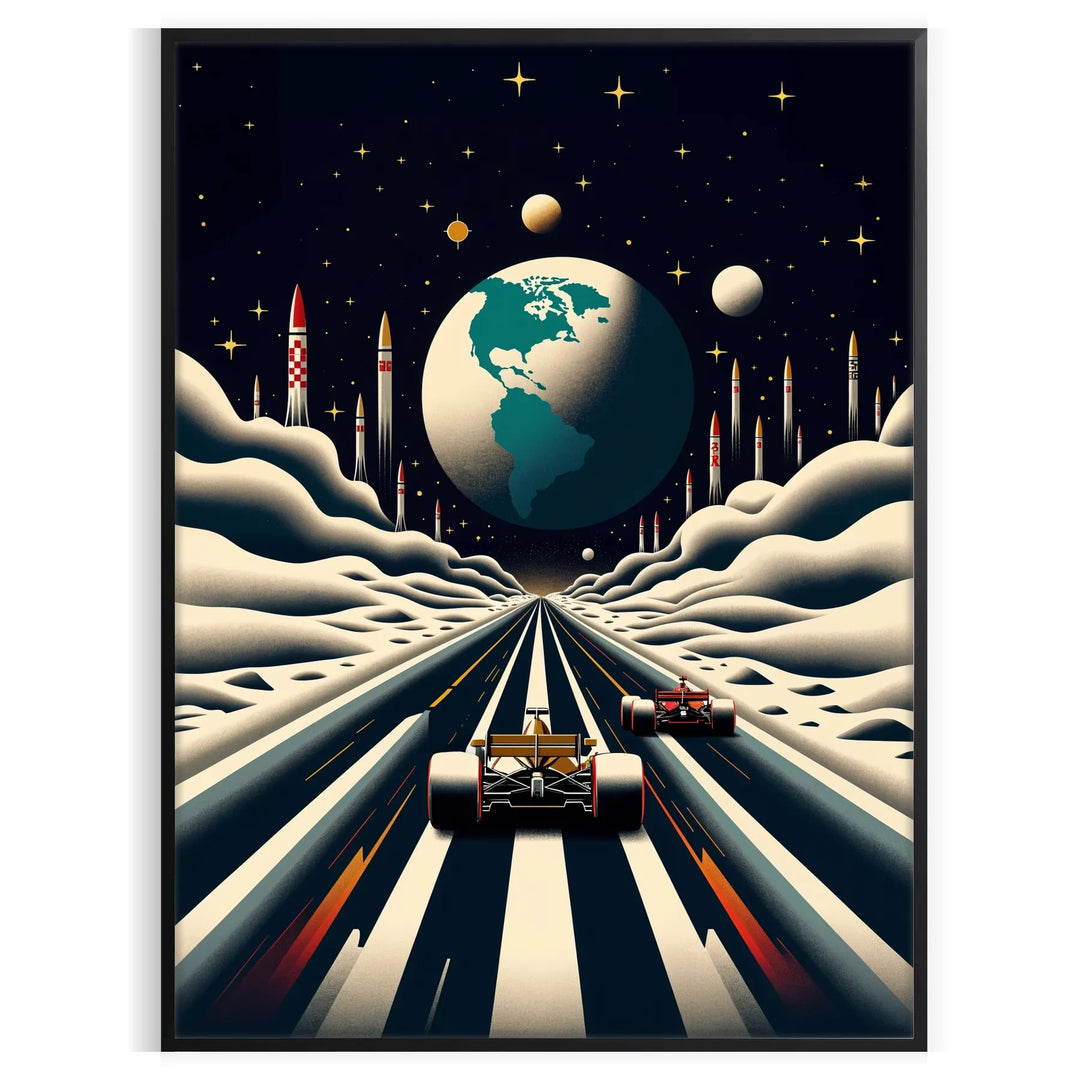 Stylized Formula One car racing on a lunar surface with gray and brown tones