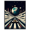 Stylized Formula One car racing on a lunar surface with gray and brown tones - in a black frame
