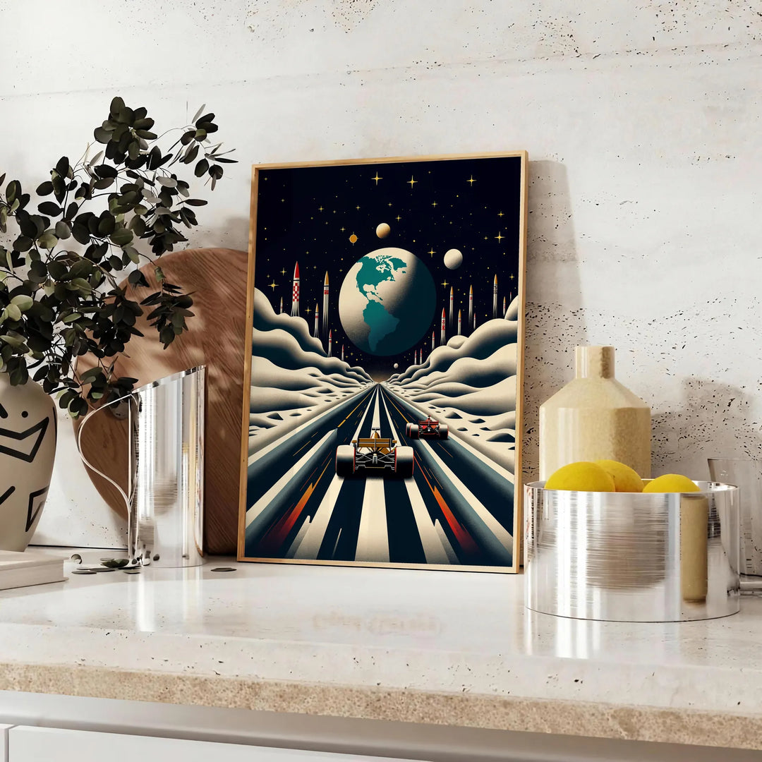 Stylized Formula One car racing on a lunar surface with gray and brown tones - styled on a counter with eucalyptus and a bowl of lemons