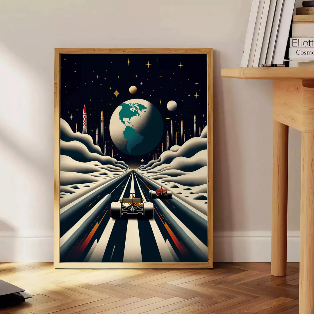 Stylized Formula One car racing on a lunar surface with gray and brown tones - beside a round wooden side table with books