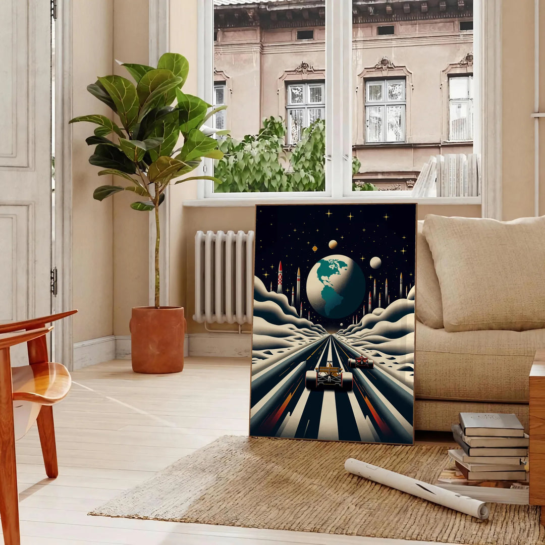 Stylized Formula One car racing on a lunar surface with gray and brown tones - in a Parisian living room with a sofa and a fig plant