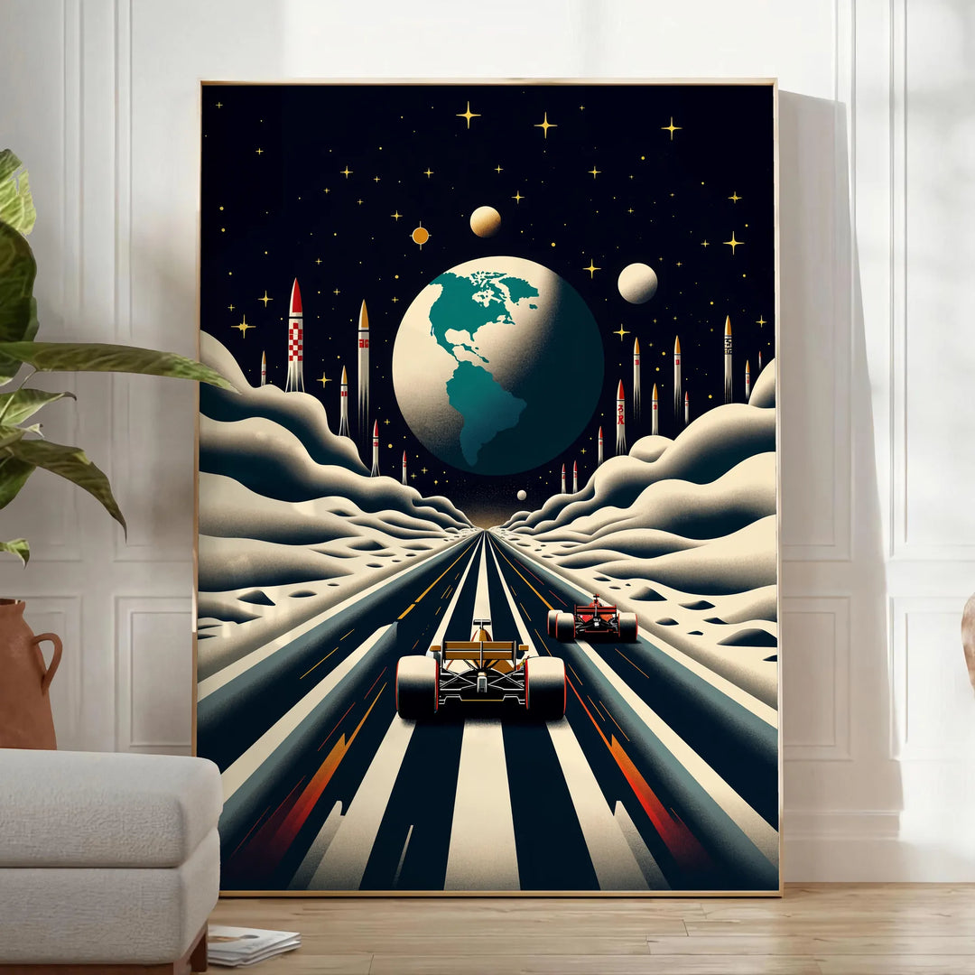 Stylized Formula One car racing on a lunar surface with gray and brown tones - in a bright minimalist room with a plant and an armchair