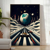 Stylized Formula One car racing on a lunar surface with gray and brown tones - in a bright minimalist room with a plant and an armchair