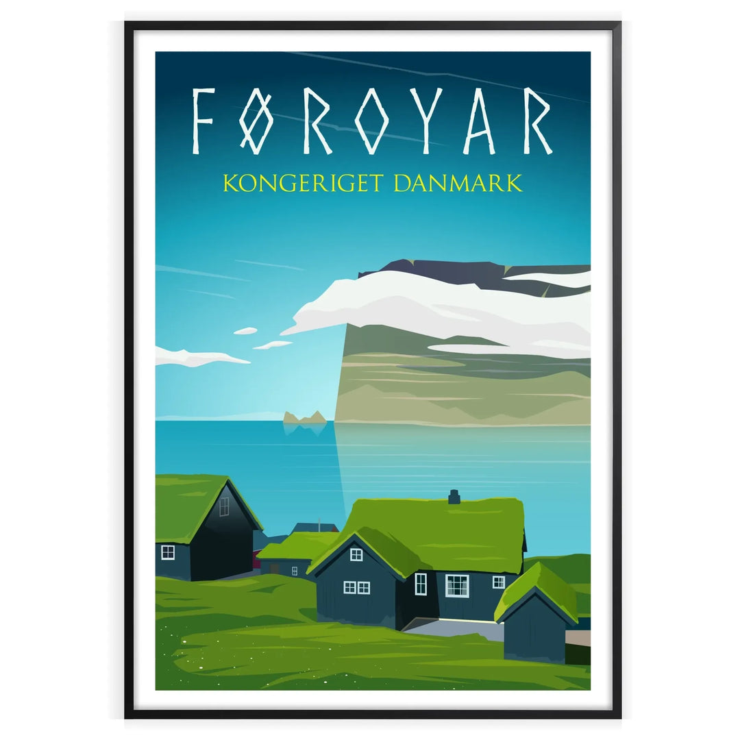 A scenic depiction of the Faroe Islands, featuring green hills and blue waters