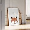 A fox in a forest, featuring black and green tones in a modern style - leaning on a herringbone floor against a white panelled wall