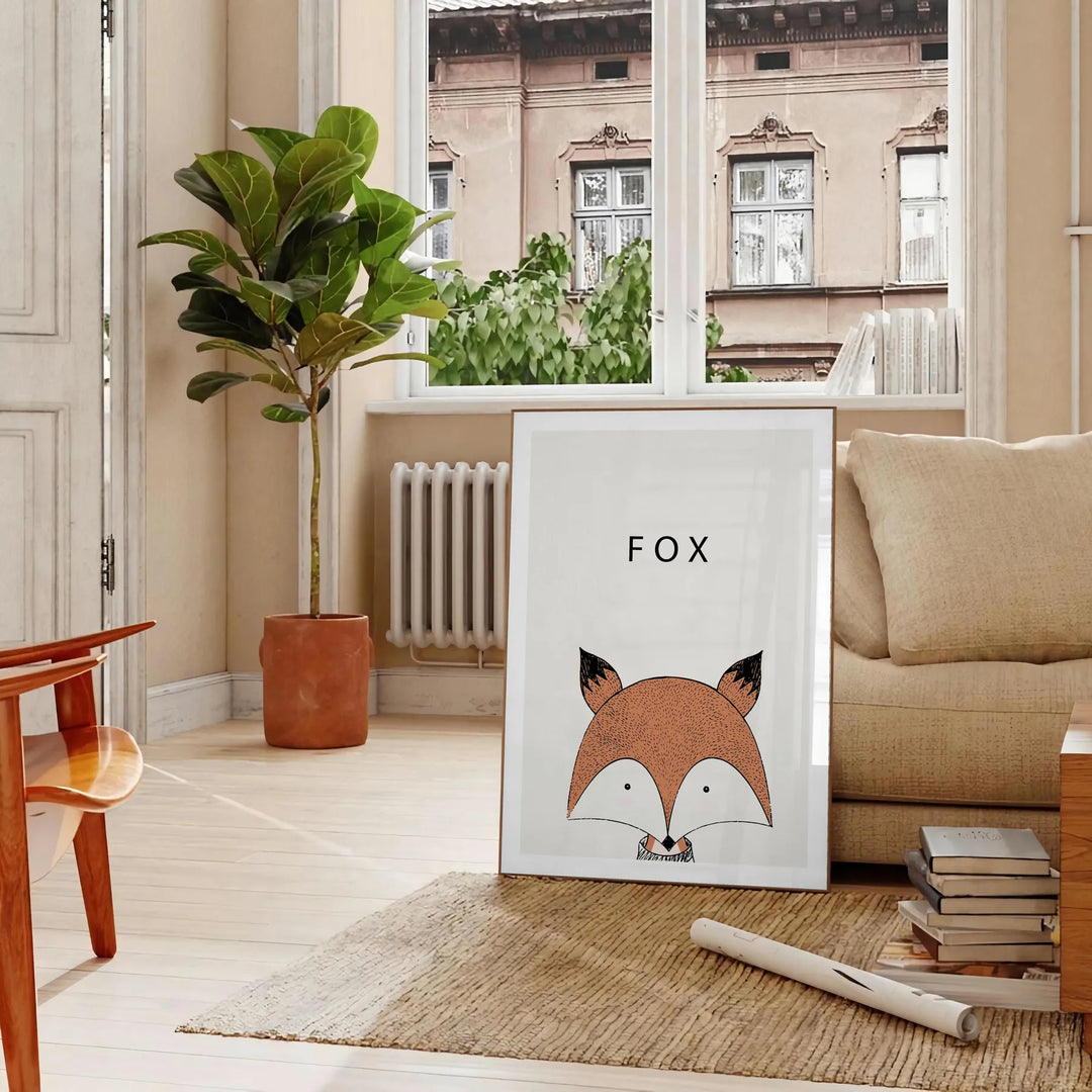 A fox in a forest, featuring black and green tones in a modern style - in a Parisian living room with a sofa and a fig plant