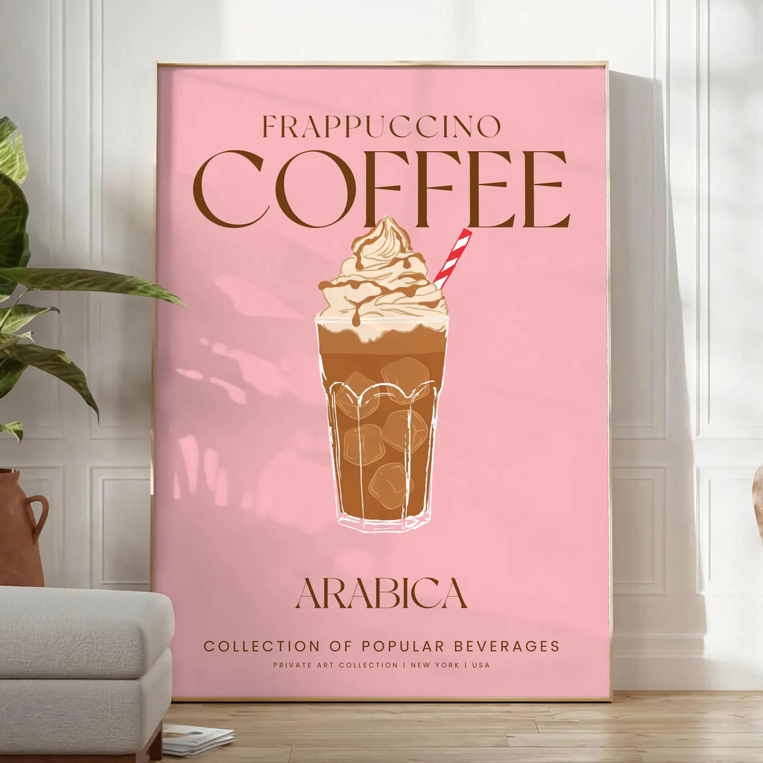 Εικονογράφηση ενός κοκτέιλ Frappuccino με πλούσιους καφέ και πράσινους τόνους - σε φωτεινό μινιμαλιστικό δωμάτιο με φυτό και πολυθρόνα