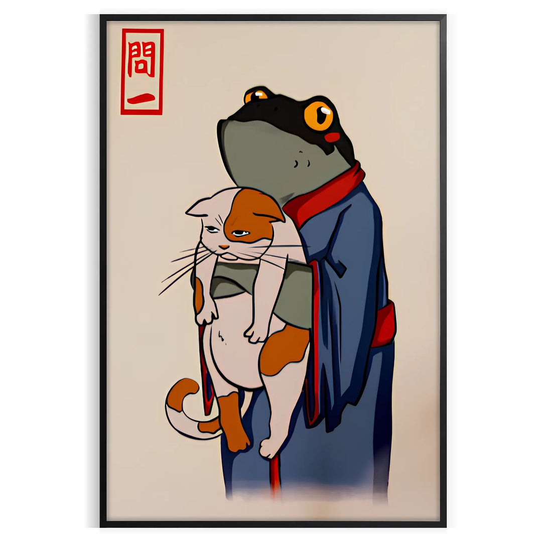Frog and cat motifs in a whimsical Japanese style with dark brown and black tones