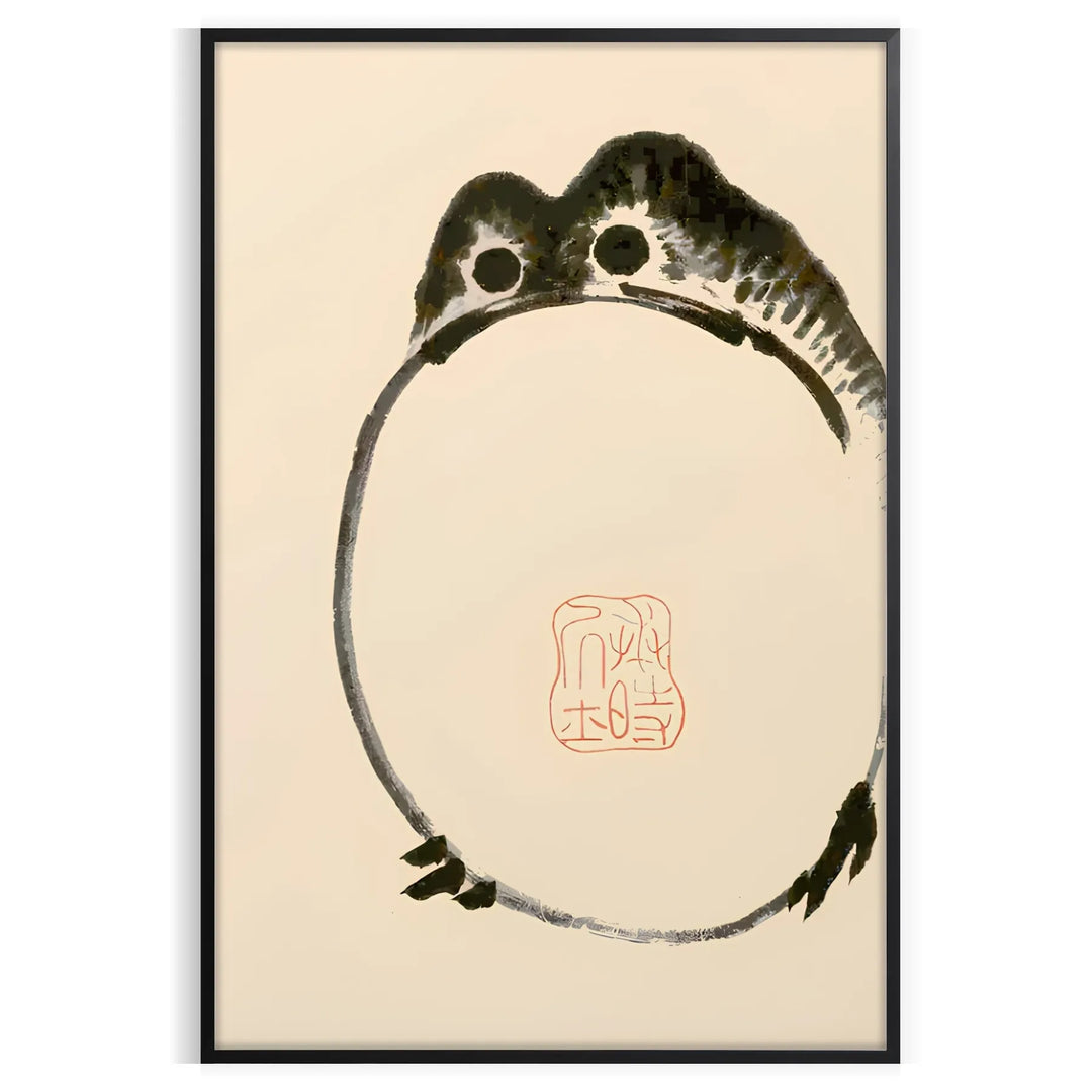 A frog depicted in Matsumoto Hoji style with green and orange tones